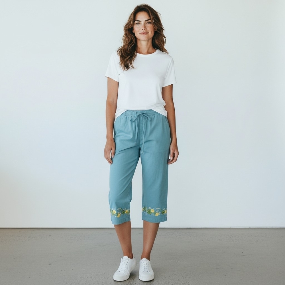 Coppaggallo Women's Cotton Blue Beach Sea Horse Star Fish Capris Size Petite L